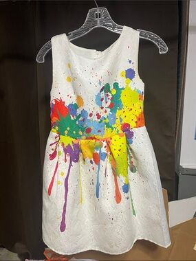 MonnaLisa White Dress with Multicolor Paint-Splash Accents
